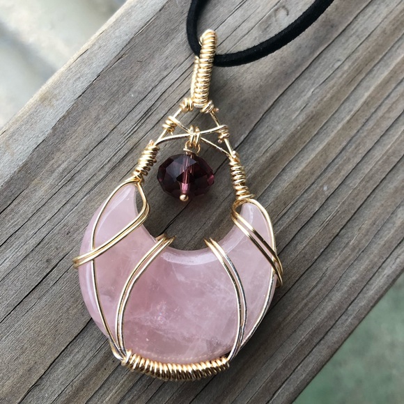 Wire Wrapped Rose Quartz Crescent Moon Crystal Necklace - Picture 3 of 14